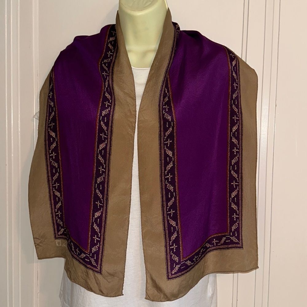 Vintage Anne Klein purple & tan long‎ silk scarf